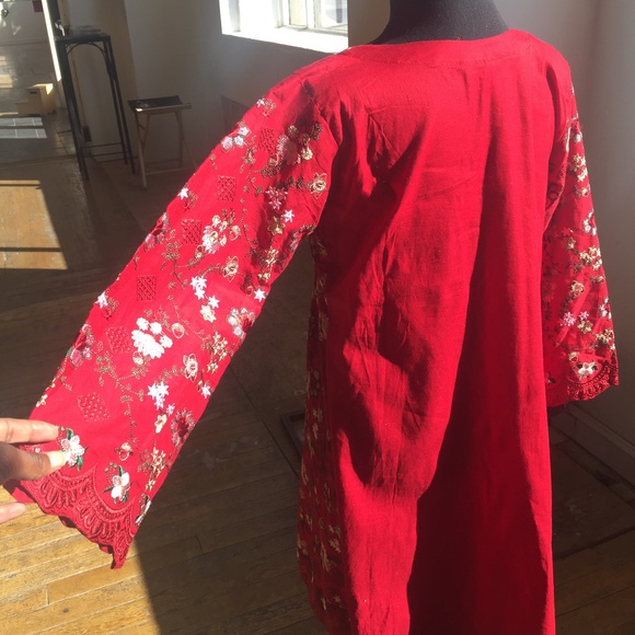 Embroidered Rich Red Floral Long Sleeve dress - Picture 6 of 6